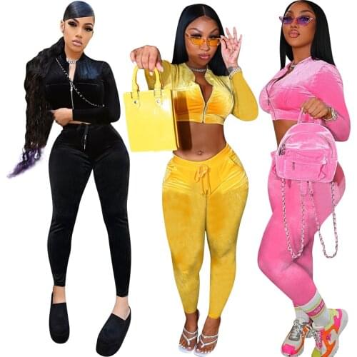 Casual Solid Velvet Tracksuit Women New Autumn Fshion Zipper Long Sleeve Crop Top + Pants Slim Two Piece Set Streetwear Outfits