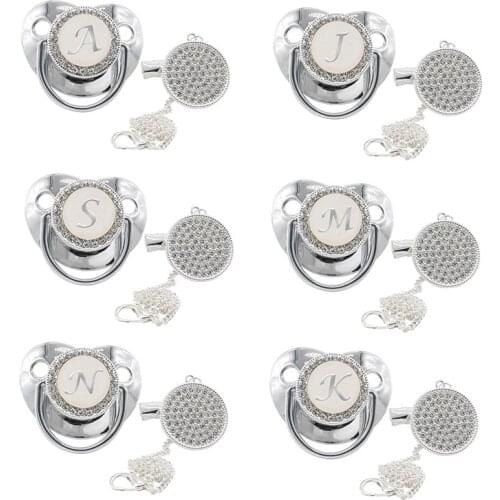 2021 Silver 26 Name Initial Letters Baby Pacifier Clips Chain Rhinestone Silicone Infant Nipple Dummy Baby Shower Gifts