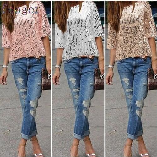 FEOGOR Summer casual womens clothing 2021 summer casual womens sexy lace sexy strapless sequin fashion T-shirt top Shirt