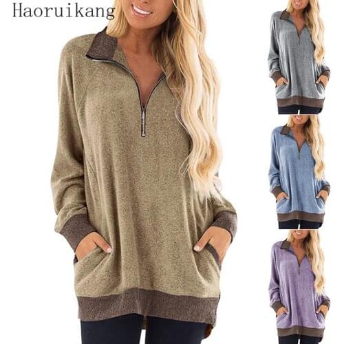 Women Hooded Sweatshirt Autumn Zipper Pocket T Shirt Plus Size Solid Pullover Tops