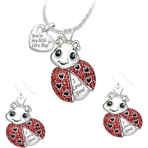 Women Rhinestone Letter Bug Heart Pendant Necklace Hook Earrings Jewelry Set Pendant Necklace Hook Earrings Jewelry Set Jewelry