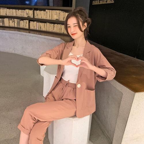 Womens Summer and Autumn Casual Korean-Style Fashion Slimming Net Red Small Suit Jacket Clothes Two-Piece Set