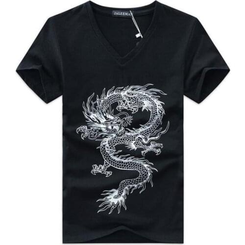 2021 Summer New Korean Simple Solid Color Casual V-neck Dragon Print Plus Size All-match Stretch Men T-shirt Tide Free Shipping
