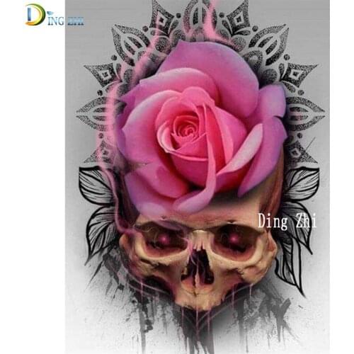 5D Diamond Painting Skull Pink Rose Full Square Diamond Mosaic Flower Rhinestones Tattoos Round Drill Diamond Embroidery Sale