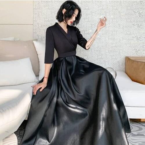 Plus size black half sleeves satin pleat vestidos de fiesta de noche prom party evening dresses robe de soiree long gown frock