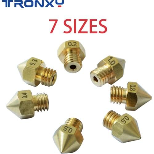 Tronxy 3D Printer Parts 7PCS MK8 M6 Nozzle 0.2/0.3/0.4/0.5/0.6/0.8/1.0mm J-head Extrusion Nozzle 1.75mm Filament Copper Nozzles