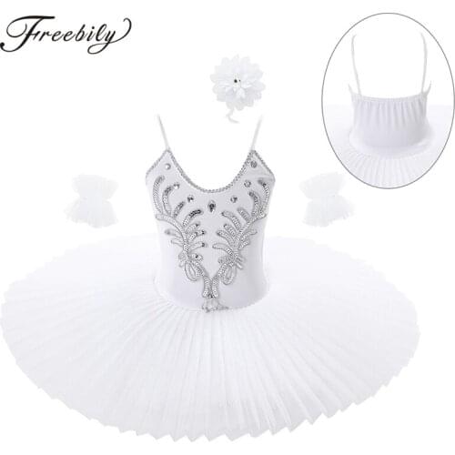 Kids Girls Rhinestones Sequins Beads Tutu Ballet Dress with Arm Sleeves Hair Clip Set Children Swan Dance Performance Costume