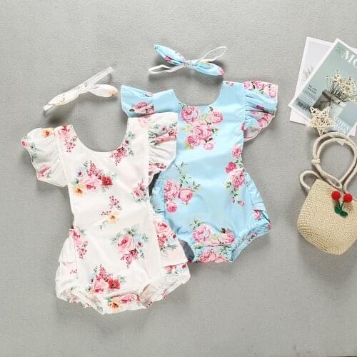 0-2Yrs Floral Clothes For Baby Girls Soft Cotton Ruffles Sleeve Bodysuits Summer Kids Girls Playsuits With Headband 2PCS Set