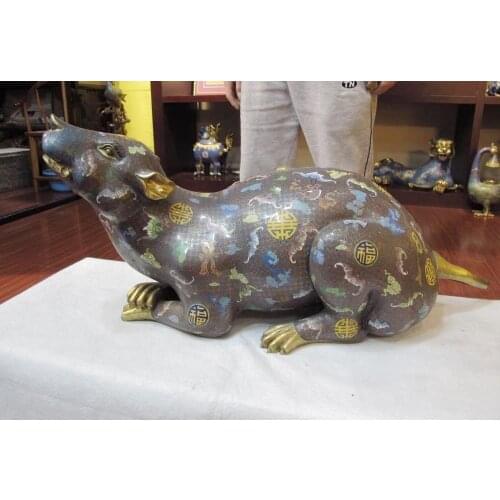 Chinese Zodiac Animal Bronze 24K Gold Cloisonne Lucky Wealth Rat Mouse Statue