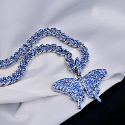 8MM 12MM Blue Color Butterfly Pendant 59MM 77MM Necklaces Charm Mens Women Fashion Hip Hop Rock Jewelry with miami Chain