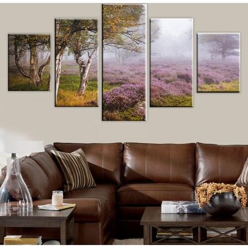 Modular Canvas Paintings Wall Art 5 Pieces Lavender Flowers And Trees Natural Scenery Pictures Living Room Decoration HD Prints