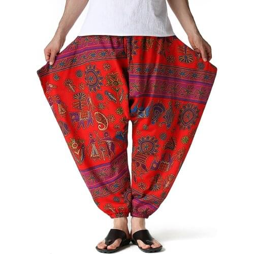 Men Harem Pants Drop Crotch Pockets Joggers Printed Casual Trousers Men Loose Hip hop Baggy Korean Cotton Men Wide Leg Pants