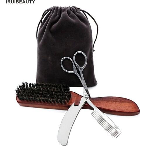 New Useful Beard Styling Shaving Kit Beard Grooming Comb Trimming Straight Razor with Scissors Beard Beauty Tools