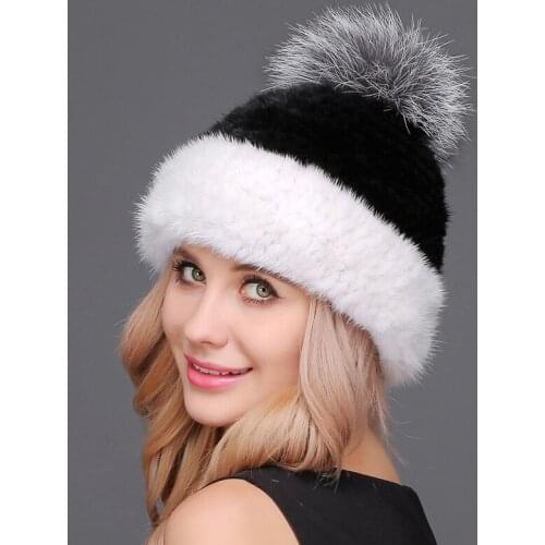 New Thick Female Cap Mink Fox Fur Ball Cap Pom Poms Winter Hat For Women Girl 's Hat Knitted Beanies Cap