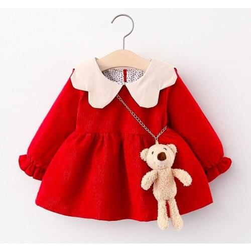 Autumn Baby Girl Solid Long Sleeve Lapel Collar Corduroy Princess Party Kid Pleated Dress+bag 2Pcs Suit Baby Girl Dress Clothes