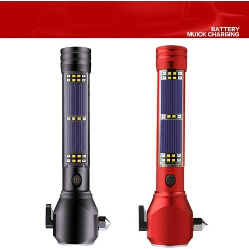Hot Self-defense Flashlight Multi functional Car Safety Cone Hammer Solar Alarm Charging Treasure Emergency Escape Tool Window