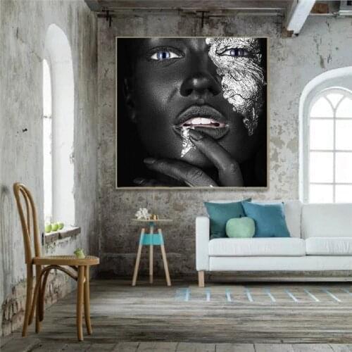 Black and Silver African Woman Oil Painting on Canvas Cuadros Posters and Prints Scandinavian Wall Art Picture for Living Room