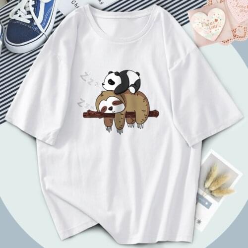 Cute Panda And Sloth T-shirts For Women O-Neck Short Sleeve Plus Size Tshirts Black Outdoor Casual Tops Tees Breathable Camiseta