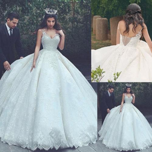 Wedding Dresses Bridal Ball Gowns Corset Lace Up V-Neck Lace Satin Custom Made Bride Dresses