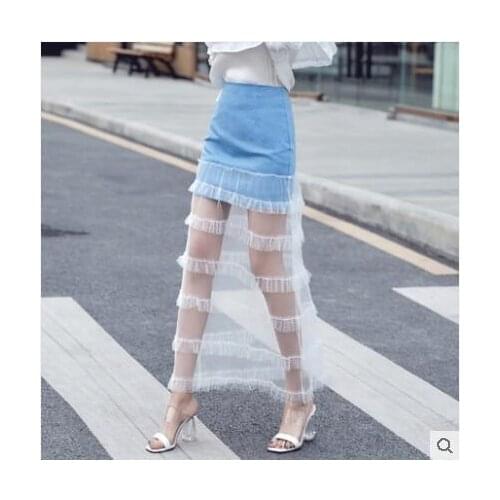 New design womens high waist denim jeans patchwork gauze cake layered perspective maxi long skirt S M L XL XXL