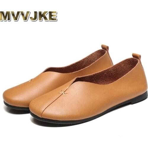 MVVJKE 2019 Very Soft Grandma Shoes Women Genuine Leather Flats Retro Womens Shoes Shallow Comfortable Flat