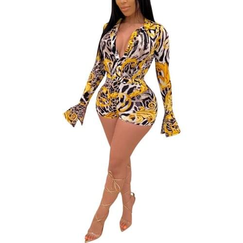 Womens Leopard Romper Short Overalls Tracksuit Long Ruffle Sleeve V Neck Buttons Elastic Waists Sport Clothes For Women