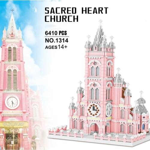 6410pcs+ Vietnam Pink Sacred Heart Church Micro Building Blocks Famous Architecture Mini Bricks Kid Toys for Christmas Gift