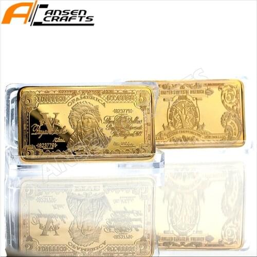 Free Shipping Gold Clad 1899 $5 Indian Chief Certificate Bullion Ingot Bar