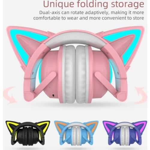 Cat Ear Wireless Headphones LED Light Up Bluetooth-compatible Foldable Headphones Over Ear Microphone For Computer Mobile Phone