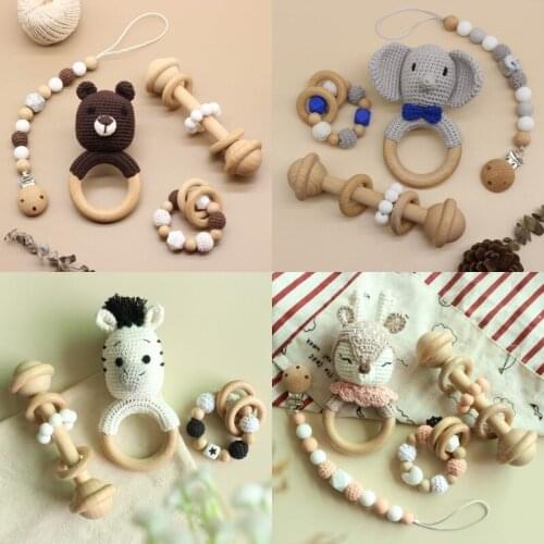 1set Crochet Baby Teether Newborn Dummy Holder Pacifier Clips Teething Bracelets Cute Soother Chain Infants Rattle Teether