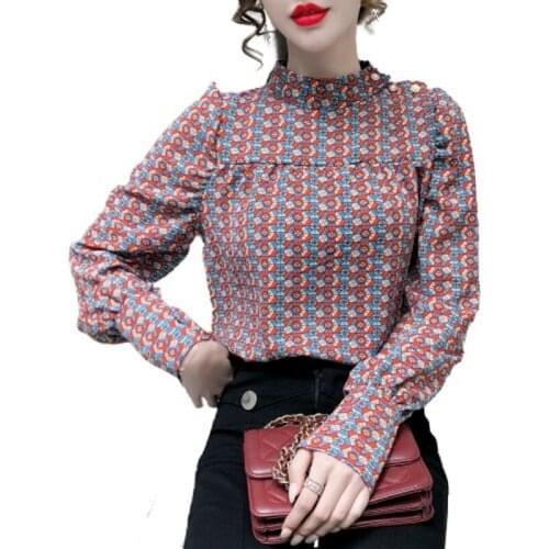 PERHAPS U Women Elegant Chiffon Polka Dot Print Half High Collar Buttons Lantern Sleeve Slim Pullover Causal Shirt Tops B3098
