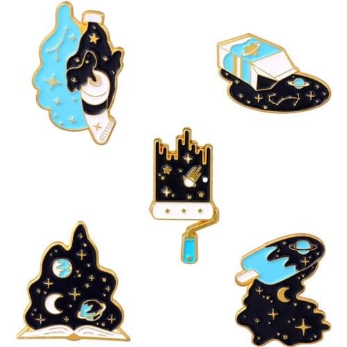 Dark Interstellar Galaxy Stars Moon Enamel Pins Cartoon Universe Brooches Bag Lapel Badge Fashion Jewelry Gift for Kids Friends