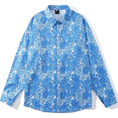 Mens Full Flowers Print Hawaii Beach Shirts Harajuku Streetwear Summer Long Sleeve Oversize Blouse Hiphop Unisex Blue Shirts Top