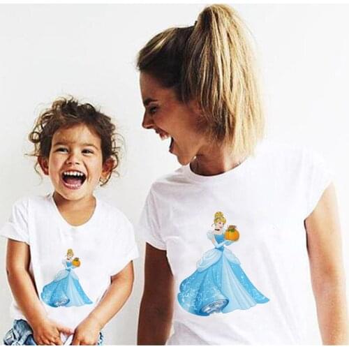 Summer Harajuku T-shirt Women Princess Disney Creative Print Womens Short-Sleeved Shirt Top Children Tee Family Look Outfits