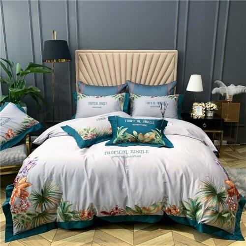 American Style Plant Flower Embroidery Egyptian Cotton Bedding Set Queen King Duvet Cover Bed Sheet Pillowcases Home Textiles