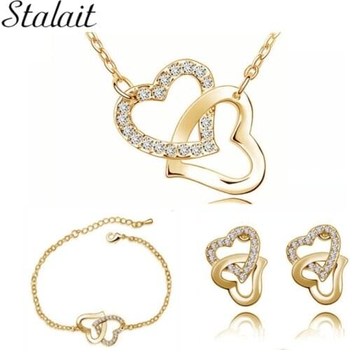 Yellow Gold Color Heart Locket Charm Jewelry Sets Birthday Gifts Czech Crystal Double Heart Wholesale Necklace Earrings Set