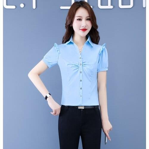 Summer Women Spring Autumn Style Office Blouses Shirts Casual Short Sleeve Ruffles Decor Blusas Office Work Business Career Tops