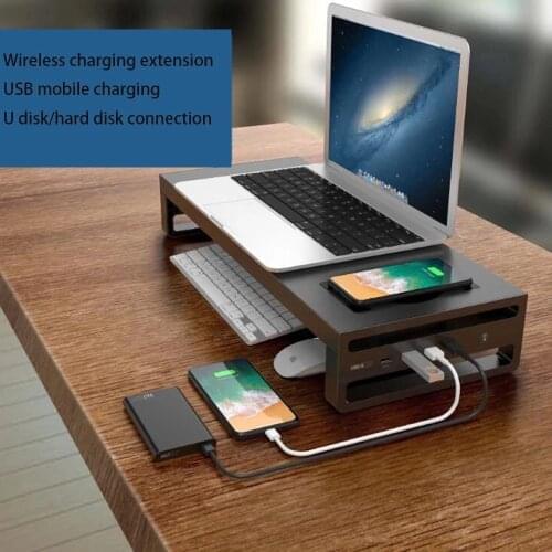 Multi-Function Monitor Stand Laptop PC Stand Aluminum Shelf Computer Screen Riser Desktop with USB Wireless Charging Plinth