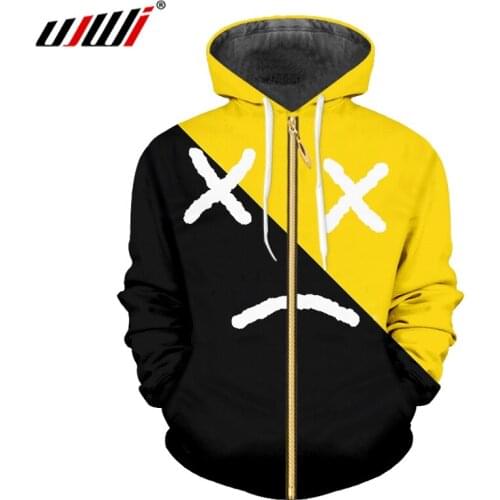 UJWI Man Large Size Casual Zip Hoodies 3D Printed Black Yellow Expression Creative Mens Zipper Sweatshirt Assorted Color Theme