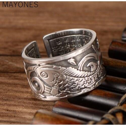 999 Sterling Silver Open Ring Men Thai Silver Koi Heart Sutra Jewelry Gift 1.2cm Wide Finger Ring