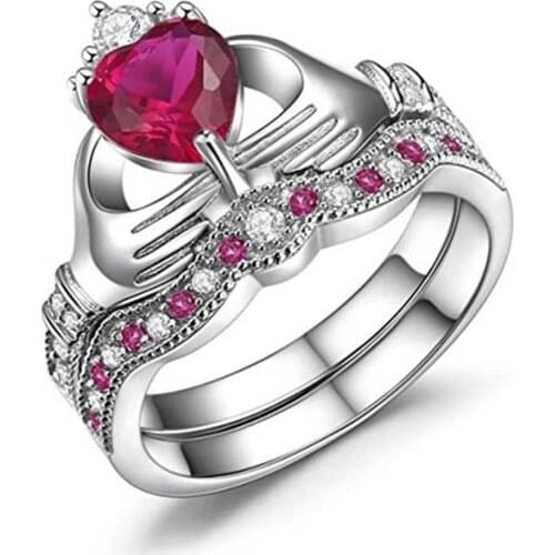 925 Silver Plated Wedding Ring Set Red Heart Stone for Women Wedding Engagement Jewelry gift Love ring