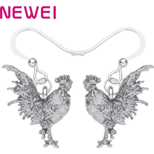 Newei Alloy Antique Sliver Plated Rooster Cock Earrings Animal Lovely Chicken Dangle Drop Jewelry For Women Kids Birthday Gift