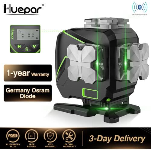 Huepar 12 Lines 3D Cross Line Laser Level LCD Display Bluetooth & Remote Control Functions Green Beam With Hard Carry Case S03DG