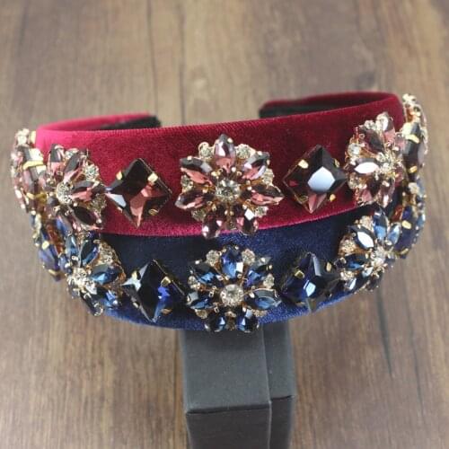European Vintage Velvet Hair Accessories Luxury Navy Wine Red Crystal Baroque Hairband Elegant Rhinestone Headband For Women