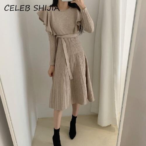 SHIJIA Woolen Elegant Knit Dress Female O-neck Autumn Winter 2021 Long-sleeve Slim Waist Casual Khaki Solid Sweater Dress Woman