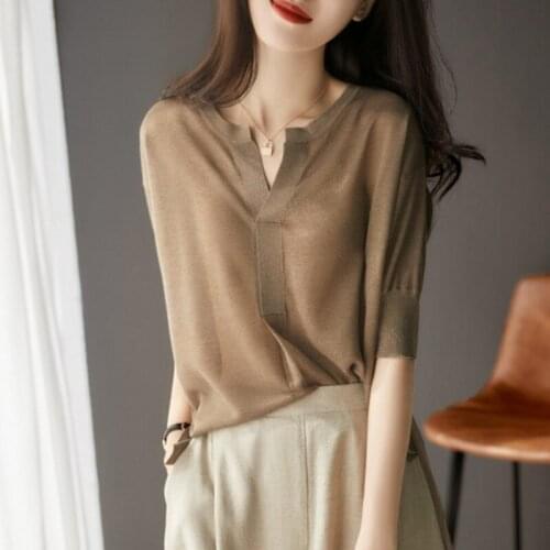 Half Sleeve Knitted Blouse Women Summer 2021 Ladies V-neck Blouses Blouse Knitted Womens Tops And Blouses Plus Size
