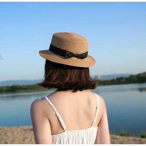 2021 Panama Hat Simple Summer Beach Hat Female Casual Lady Women Flat Brim Bowknot Straw Cap Girls Sun Hat Ladies Hats and Caps
