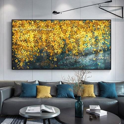 Modern Oil Painting Handmade on Canvas Golden Yellow Rich Tree Flower Plant Art Posters Wall Picture for Living Room Decoration