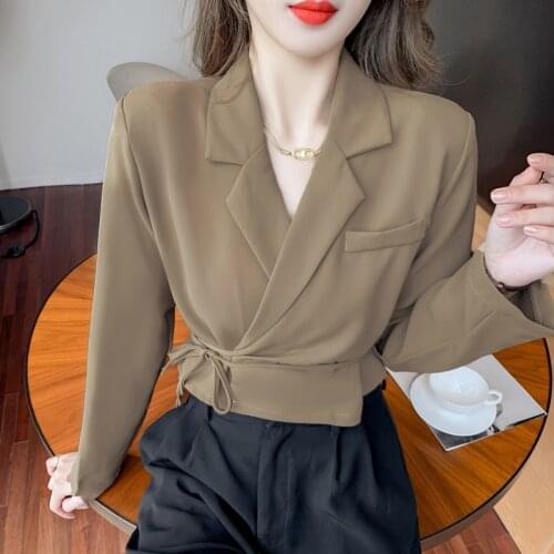 Khaki Short Cropped Blazer Women Office Lady Thin Blazers for Women Elegant Autumn Chic Bandage Designer Jacket Women 2021 New