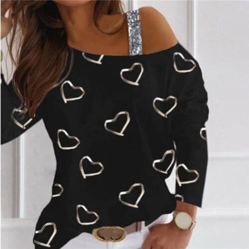 2021 New Ladies Top Good Quality Fashion Hot Selling Womens Clothes Love Print Halter Strapless Sexy Long Sleeve Casual T-Shirt